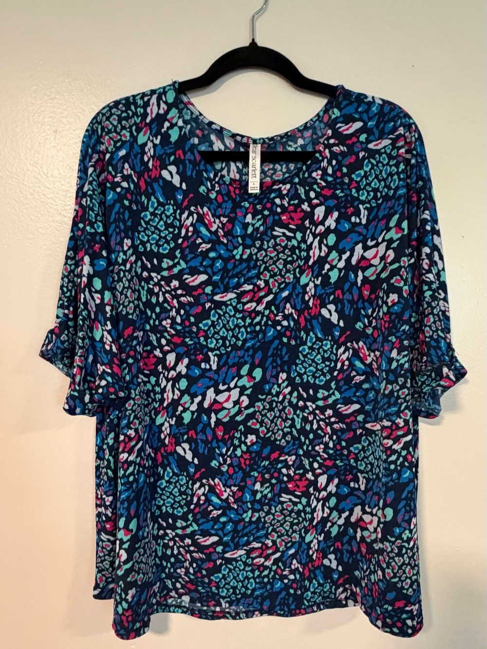 Womens Navy Multicolor Abstract Print Short Sleeve Blouse
